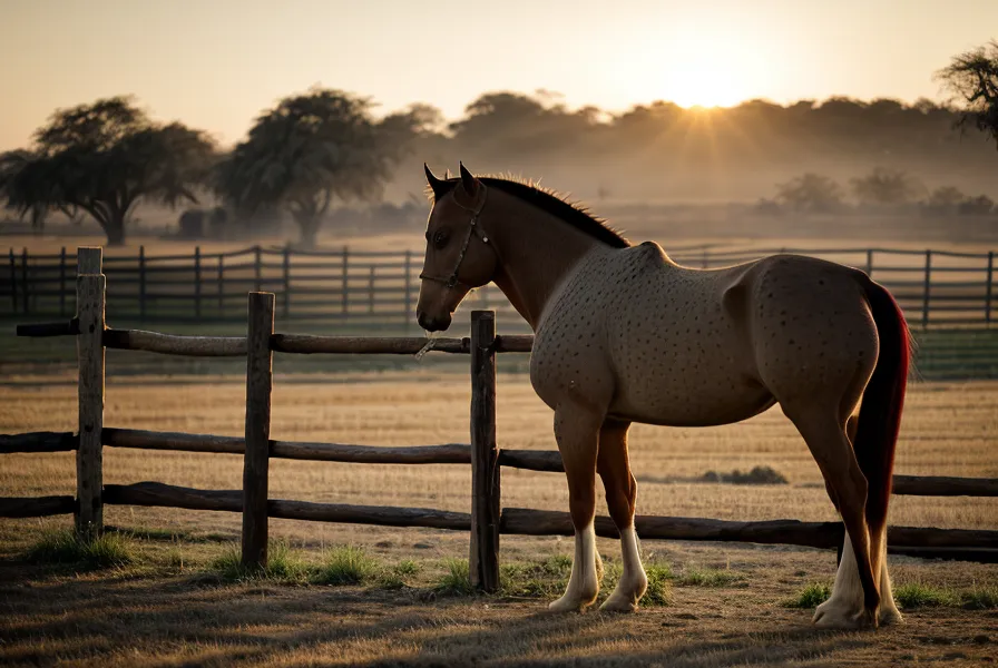 Caballo relajado con bienestar animal, exhalando aire frío tras una sesión de doma racional