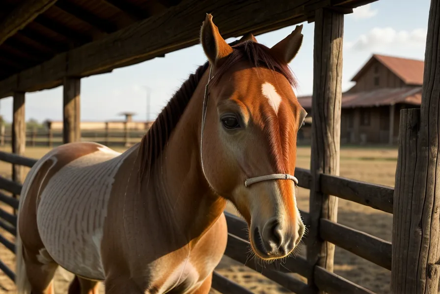 Expresión facial de un caballo con signos de dolor crónico y comportamiento apagado