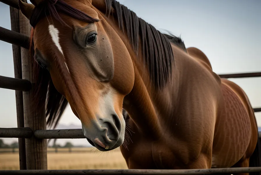 Detalle de mano curtida sosteniendo un cabestro de soga en un caballo zaino, símbolo de la doma racional paciente