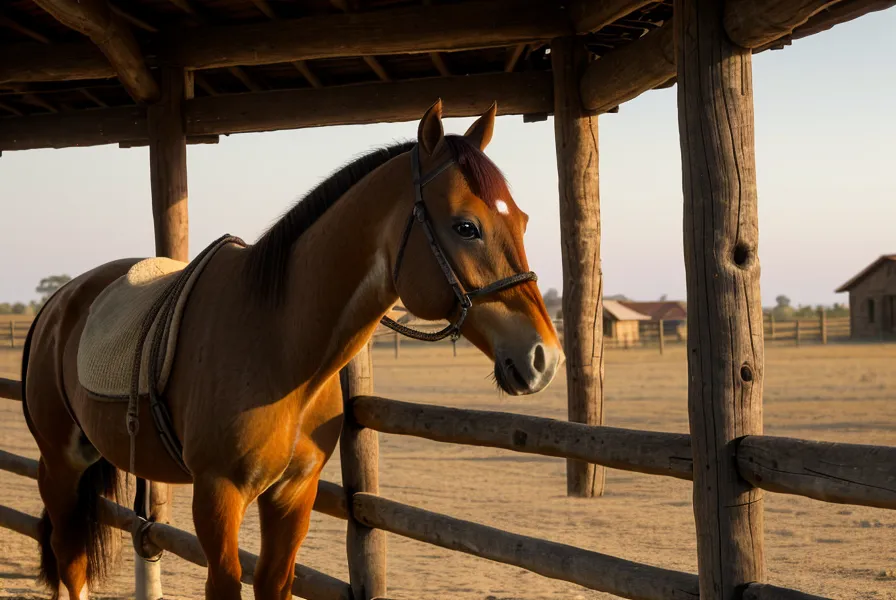 Caballo relajado bajando la cabeza en el corral, señal de bienestar animal y comportamiento equino calmo
