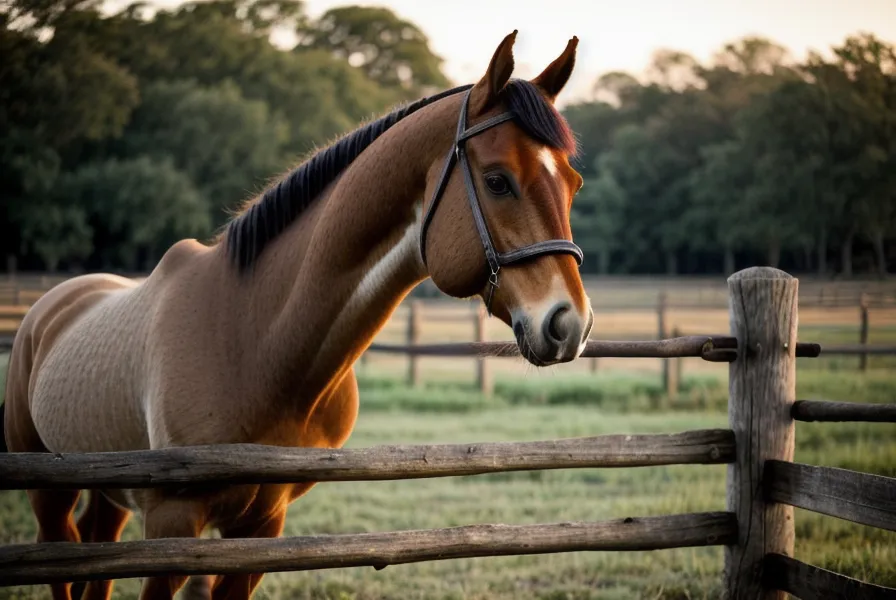 Caballo relajado bajando la cabeza y relamiéndose, señal de bienestar animal y aprendizaje en la doma natural