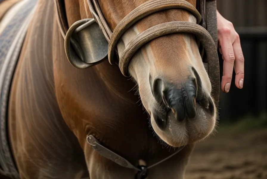 Mano curtida de un paisano acariciando el hocico de un caballo relajado