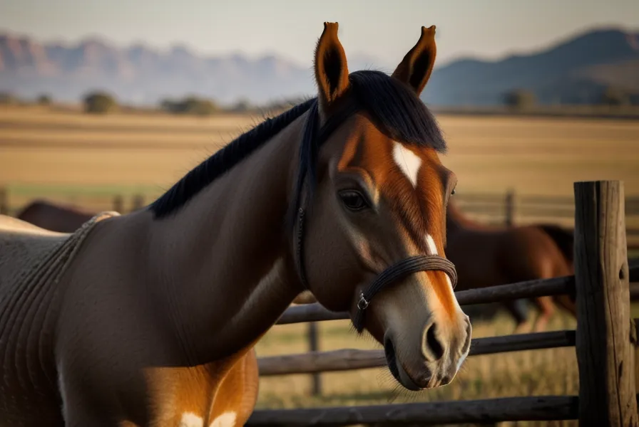 Perfil de un caballo joven durante el ajuste de la cabezada de entrenamiento
