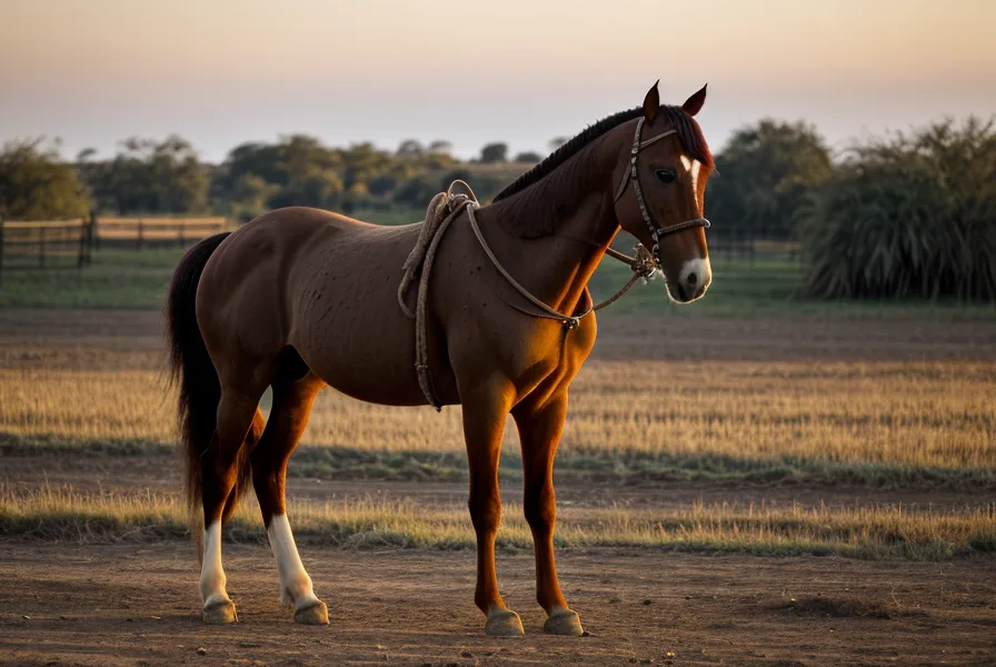 Caballo estabulado mirando hacia afuera desde su box en un establo rústico