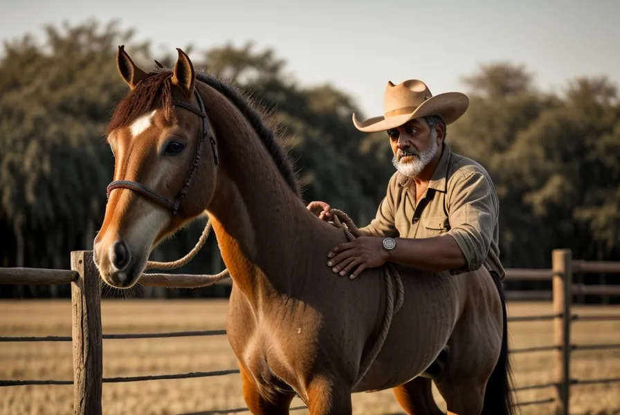 Mano curtida con un mate frente a un caballo tranquilo, ejemplo de doma sin violencia en el corral