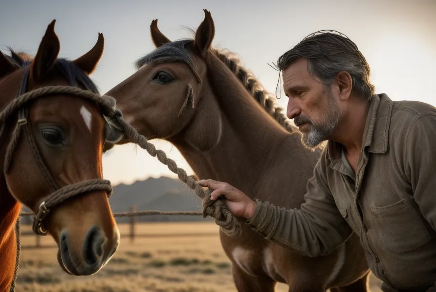 Hombre de campo alejándose de un caballo para liberar presión y generar confianza